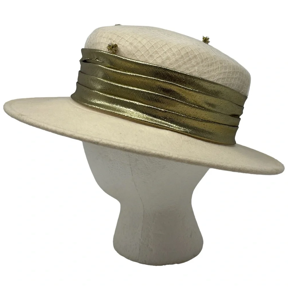 Vintage Michael Howard Designer Hat Cream 100% Wool Felt Hat With Gold Details - Picture 8 of 10